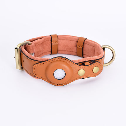 Premium black and brown leather GPS protective pet collar with metal AirTag holder from PetPexi, available in adjustable sizes S, M, L

