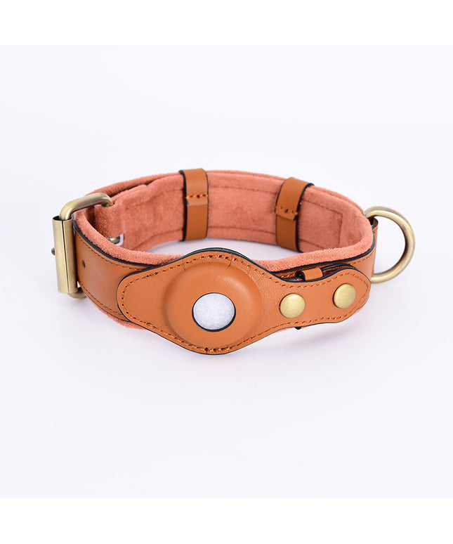 Premium black and brown leather GPS protective pet collar with metal AirTag holder from PetPexi, available in adjustable sizes S, M, L

