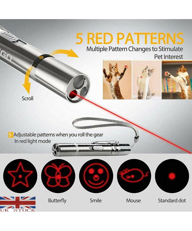 USB Charging Stainless Steel Laser Pointer with 5 patterns and purple light – premium cat toy with free USA shipping from Petpexi

