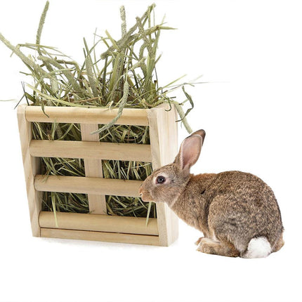 Wooden Grass Rack & Food Box for rabbit and chinchilla, made from eco-friendly wood, promoting healthy eating and dental habits.

