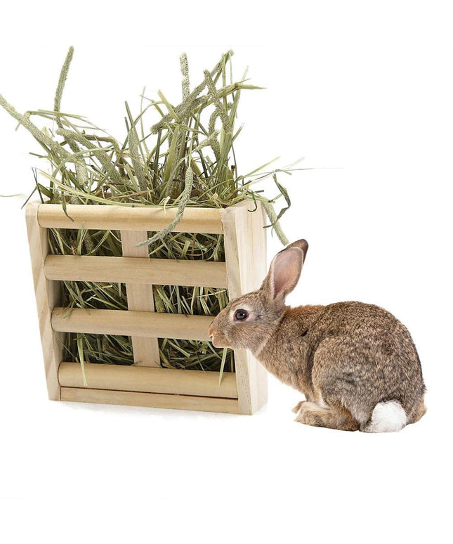 Wooden Grass Rack & Food Box for rabbit and chinchilla, made from eco-friendly wood, promoting healthy eating and dental habits.

