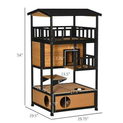 PawHut Wooden Outdoor Cat House with asphalt roof, escape door, jump platform, and ventilation, available at www.petpexi.com

