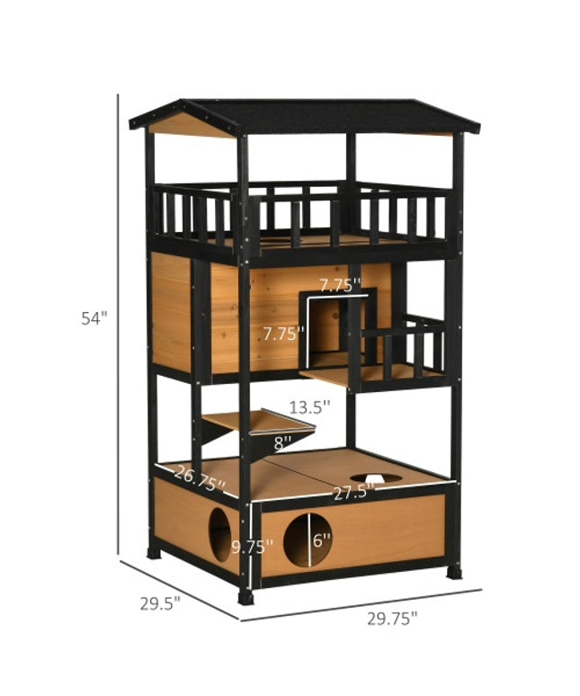 PawHut Wooden Outdoor Cat House with asphalt roof, escape door, jump platform, and ventilation, available at www.petpexi.com

