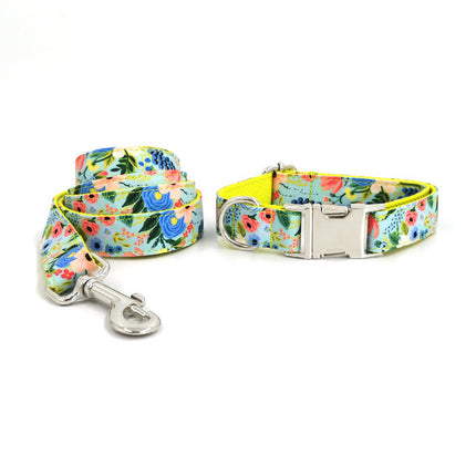 Yellow midsummer garden dog collar and leash set by Petpexi, made from durable polyester, available in sizes XS to XL for medium and large dogs


