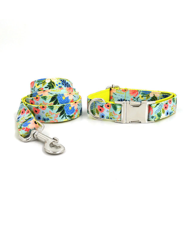 Yellow midsummer garden dog collar and leash set by Petpexi, made from durable polyester, available in sizes XS to XL for medium and large dogs

